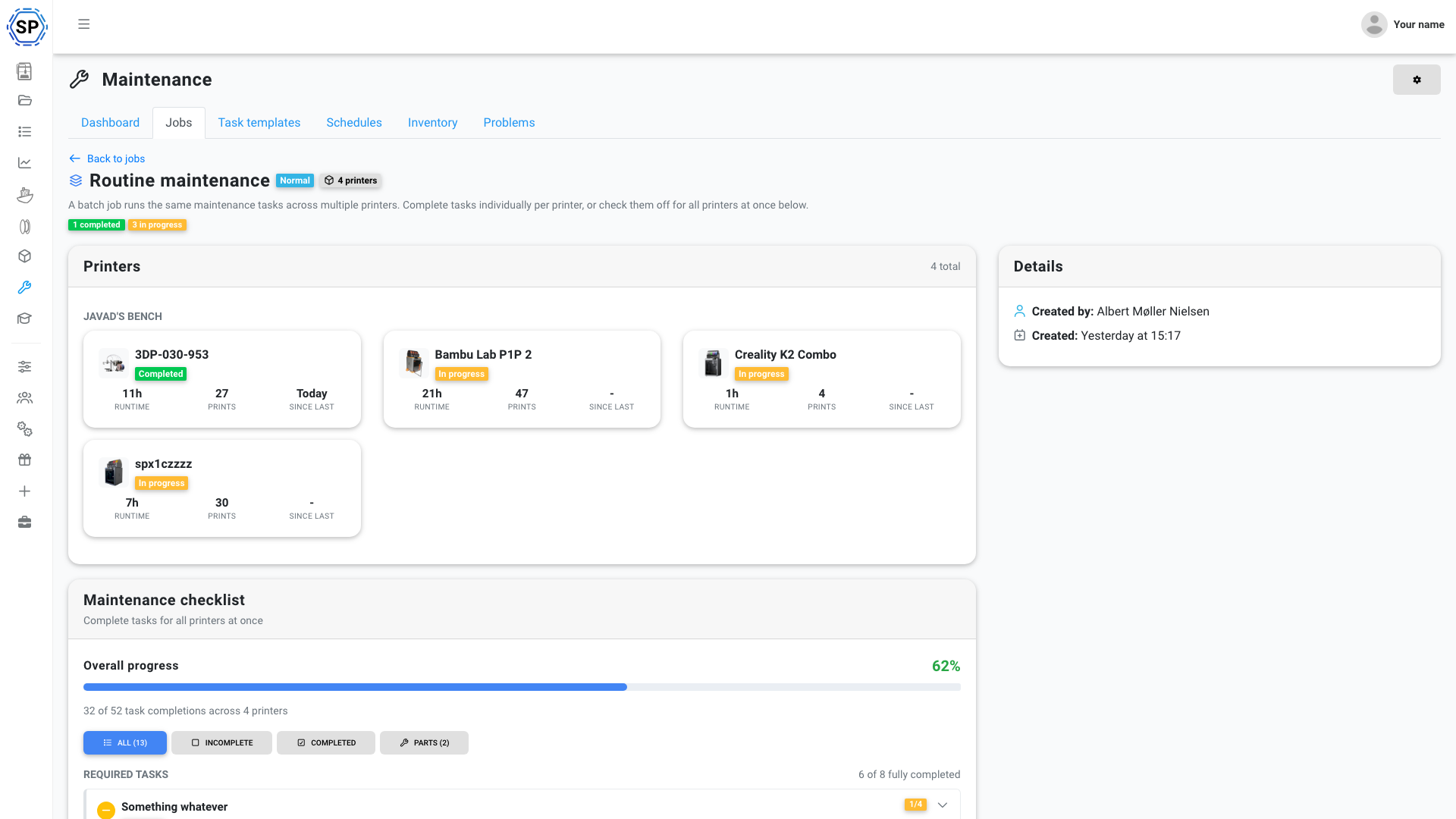 Batch job across multiple printers with unified checklist