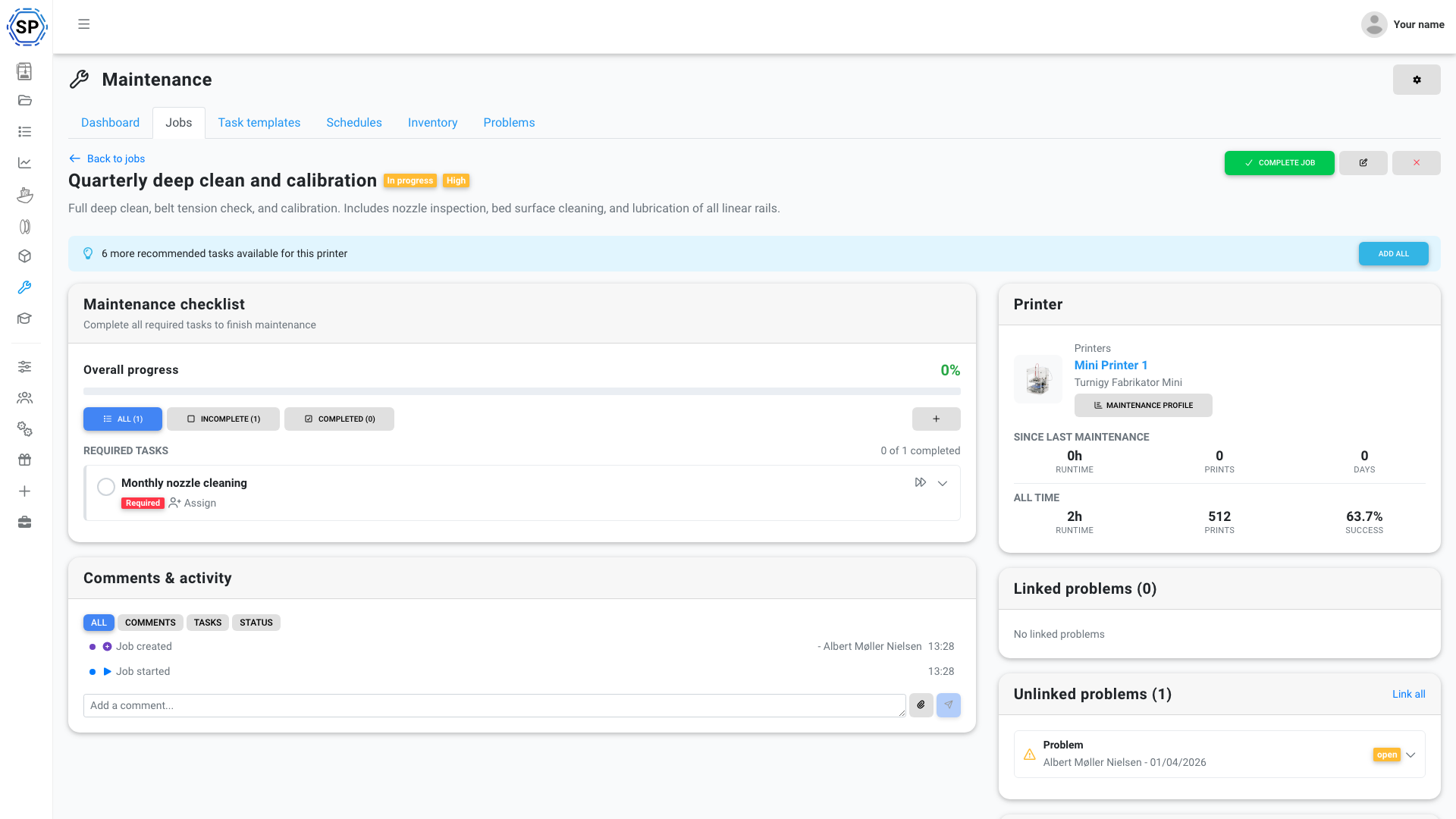 Single job detail showing task checklist, printer health stats, and linked problems