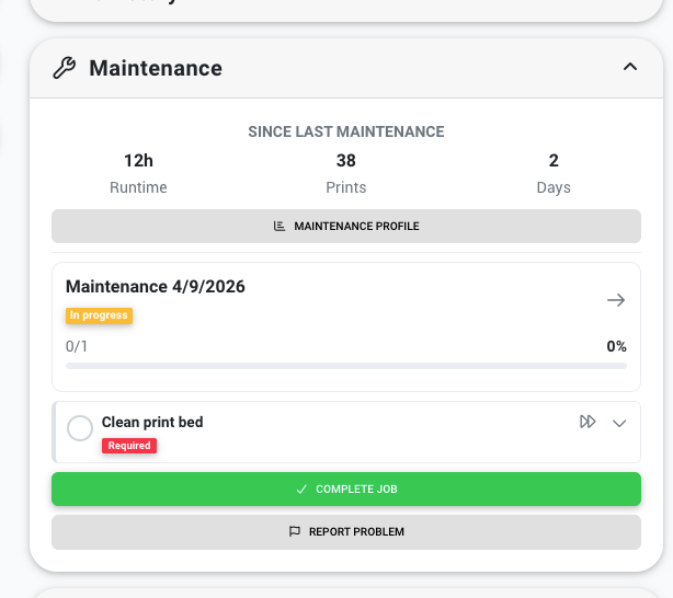 The maintenance widget on a printer's control panel showing stats, active job, and task checklist