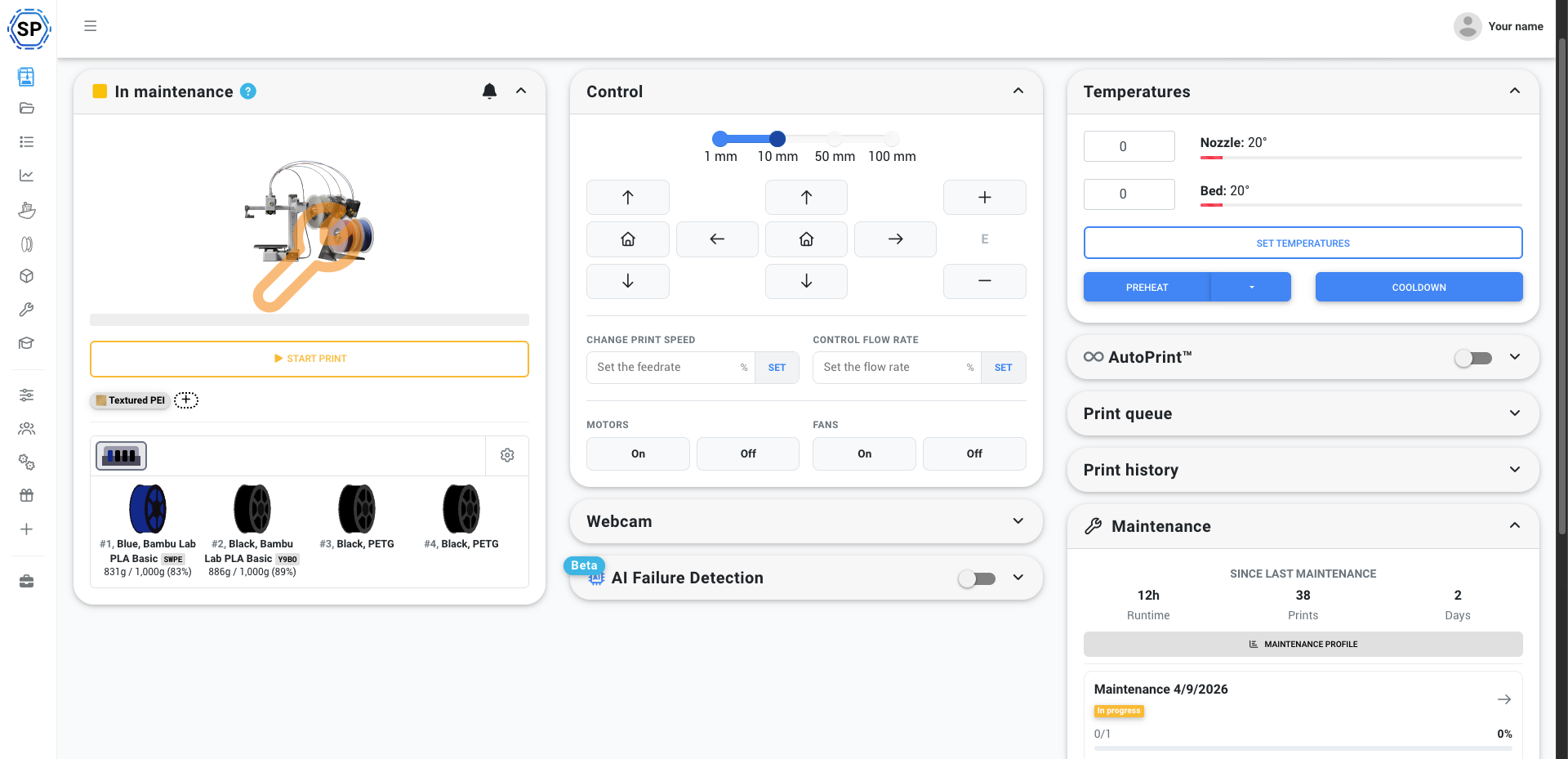 A printer in maintenance mode showing the wrench indicator and maintenance widget