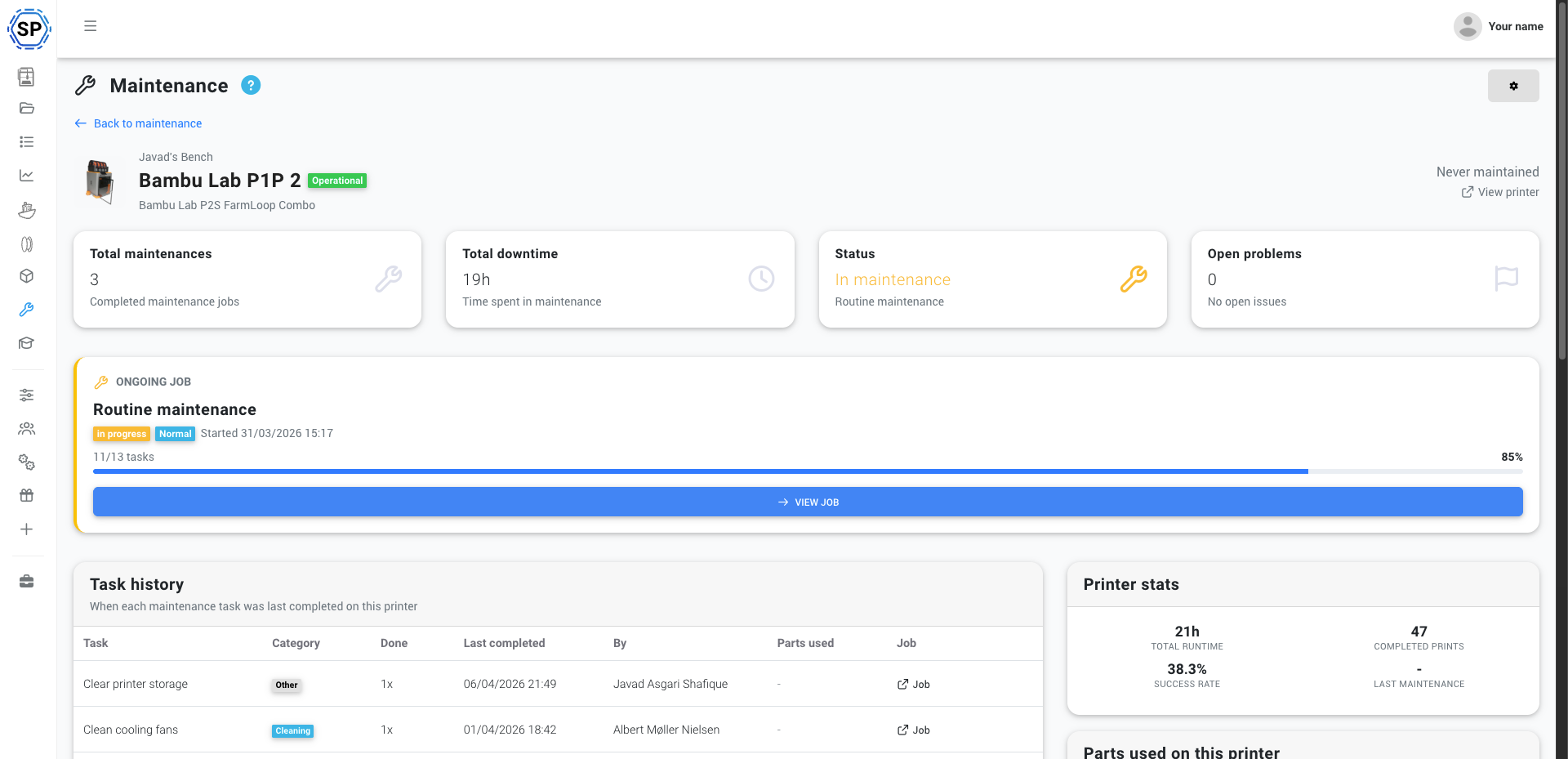 Printer maintenance profile showing history, stats, and task completion records