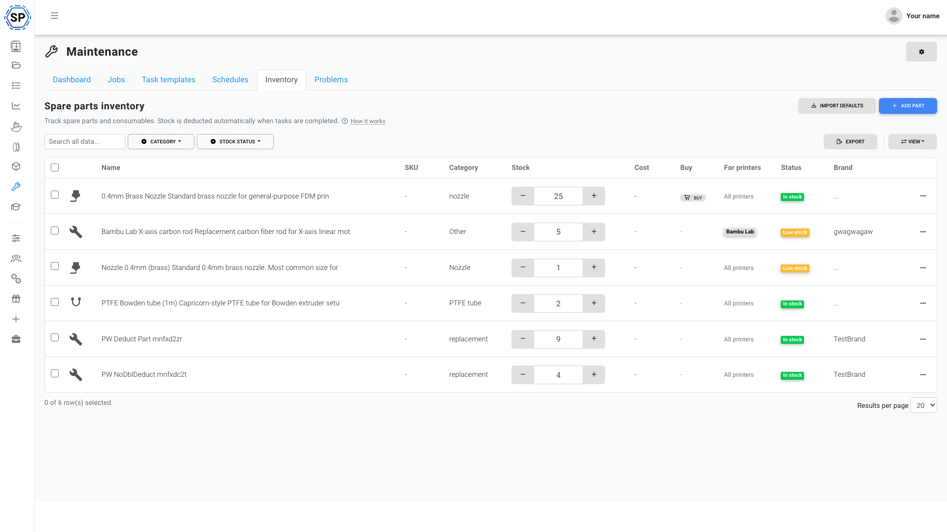 Spare parts inventory with stock levels, status indicators, and buy links