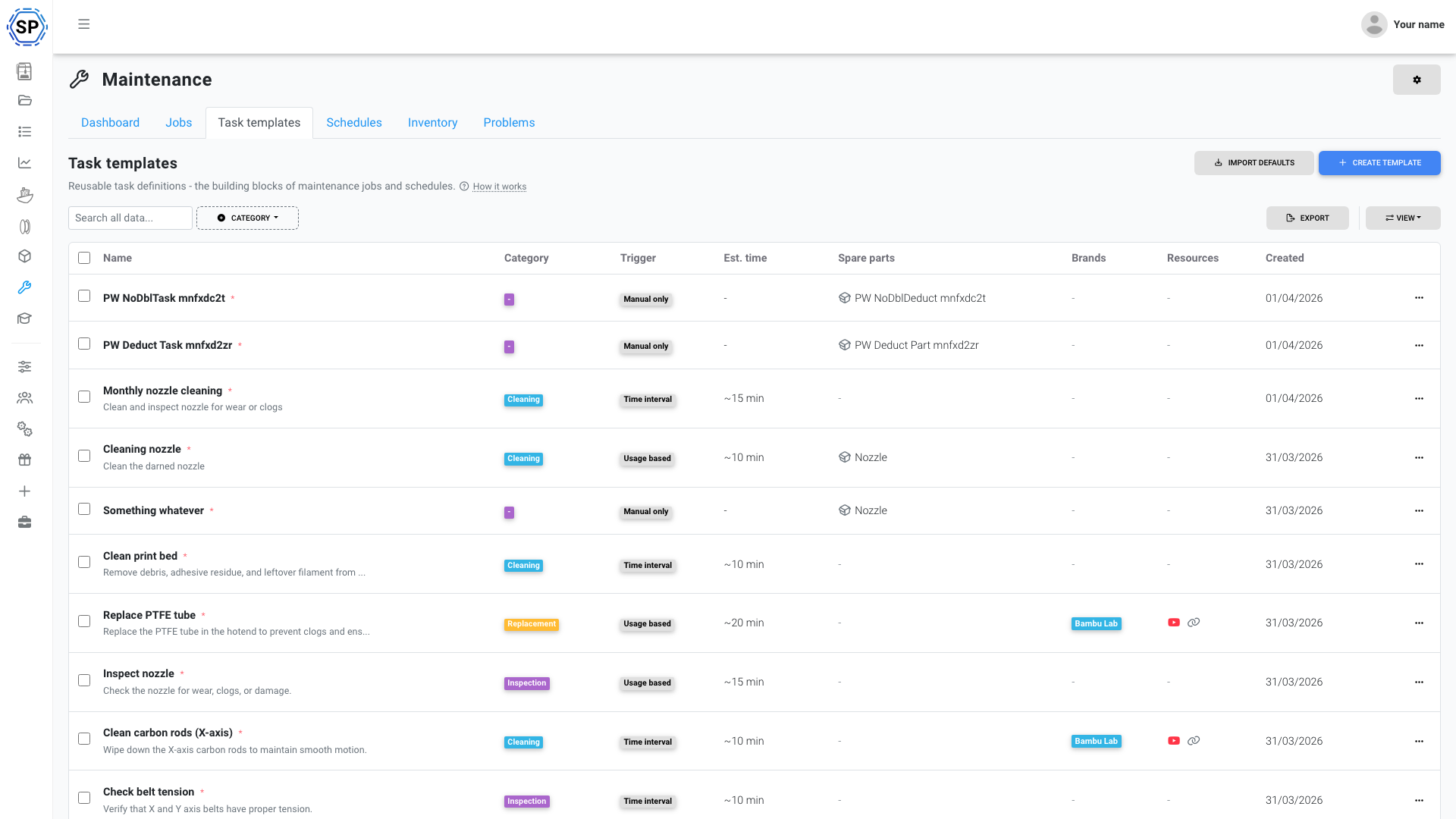 Task templates list with categories, triggers, and spare part associations
