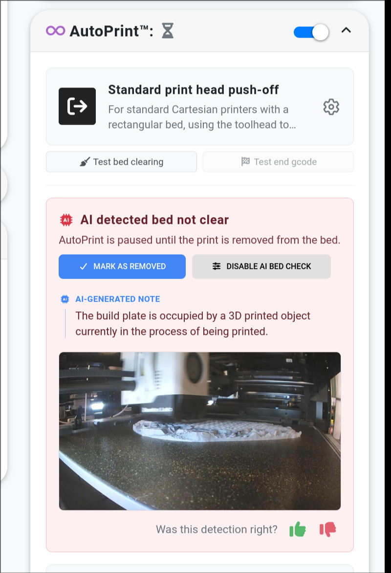 AI Bed Check detecting a not-clear bed in AutoPrint