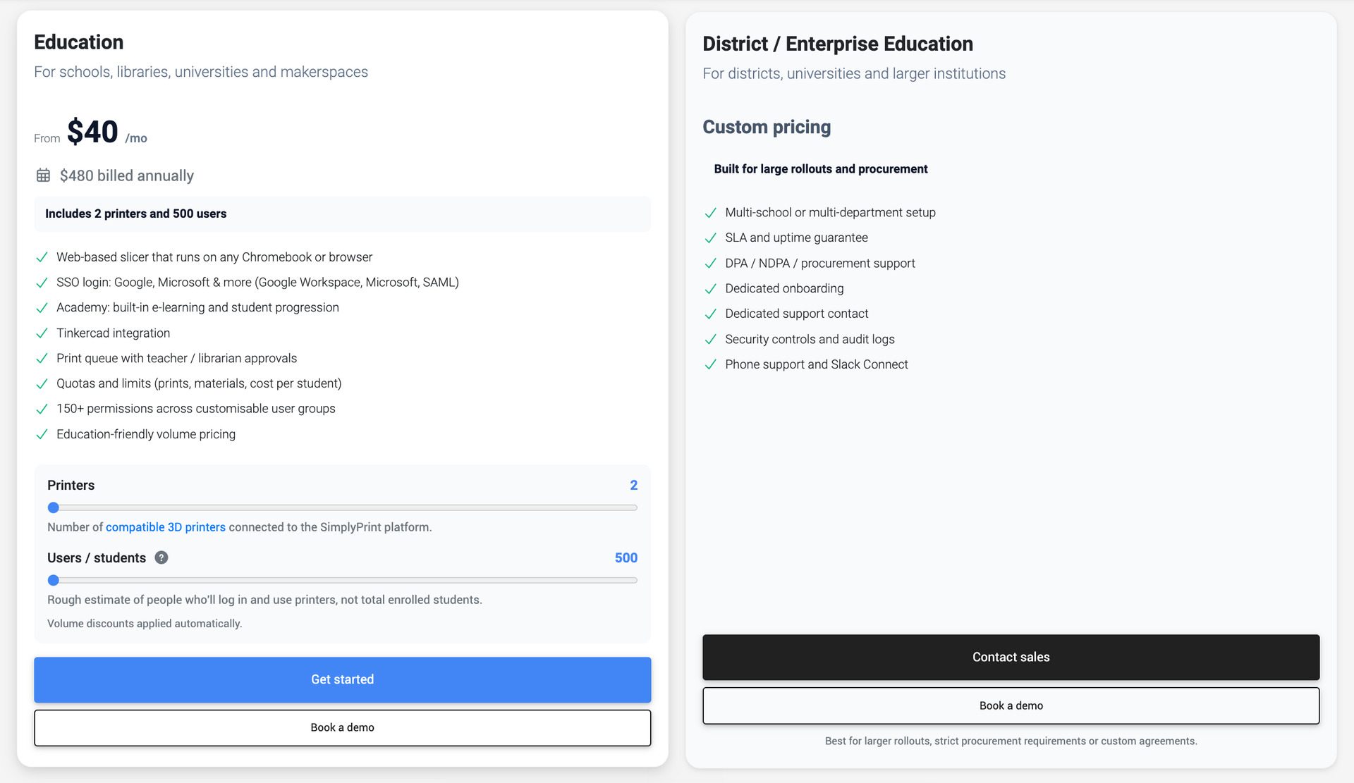 Education plan pricing for schools on SimplyPrint