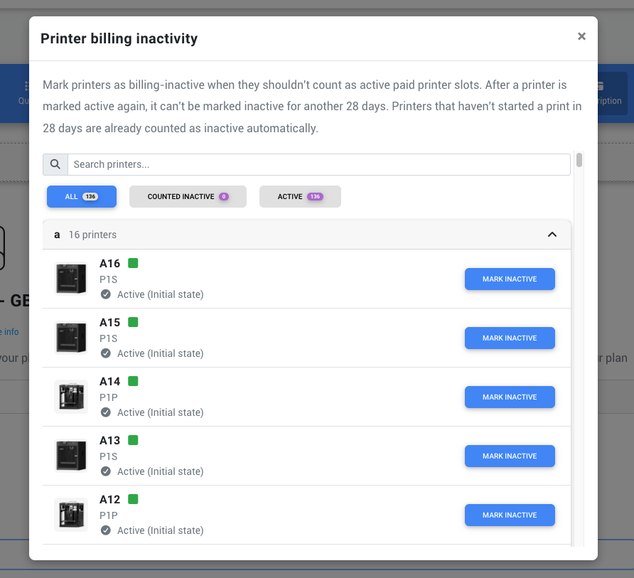 Manually marking a printer inactive in the SimplyPrint subscription settings