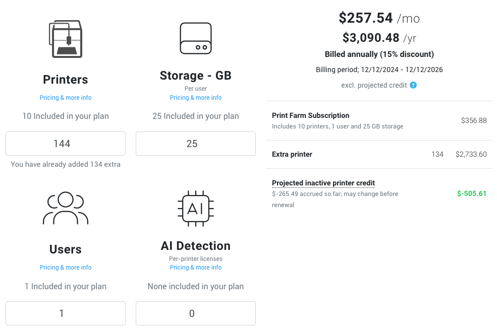 Projected inactive printer credit shown in Settings → Subscription