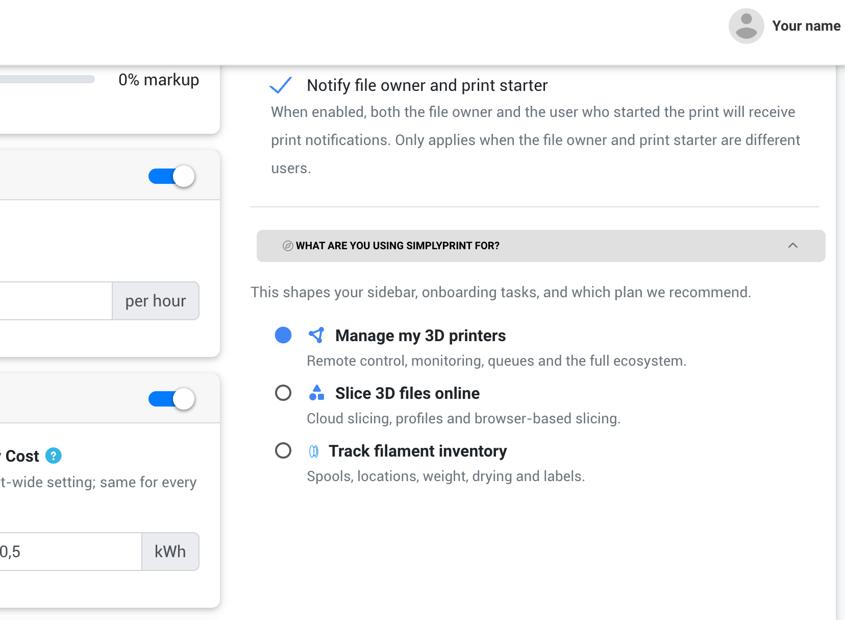 What are you using SimplyPrint for? usage intent picker in account settings