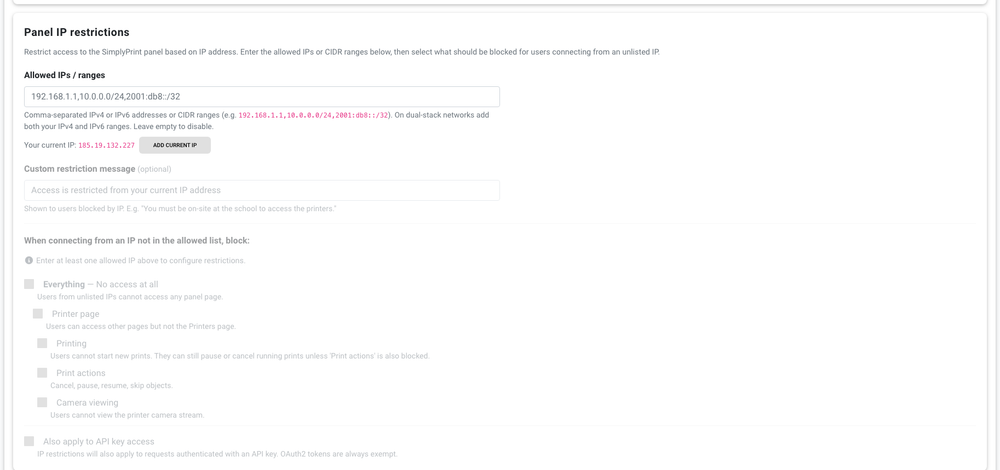 Data and security access settings for a school account