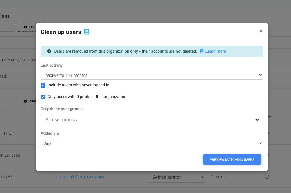 The Clean up users tool, filtering inactive accounts before removing them