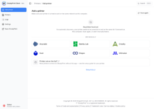 The new SimplyPrint client, adding a printer from the brand grid: Anycubic, Bambu Lab, Creality, Duet, Elegoo, Ultimaker