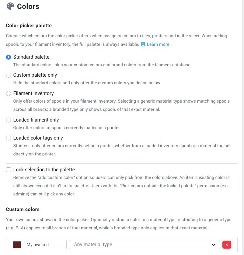 The colour picker palette settings, with the palette modes and the lock option