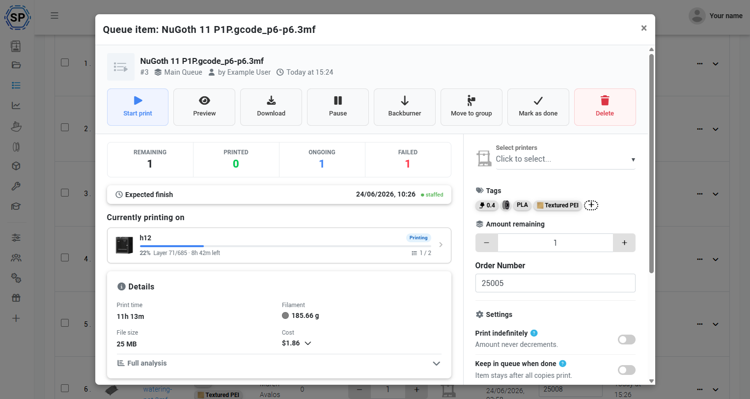 The new item view: every printer working on it, expected finish, full analysis, comments, and print history