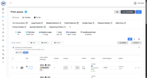 The redesigned print queue, with live stat cards, queue groups, a deadline column, and three view modes