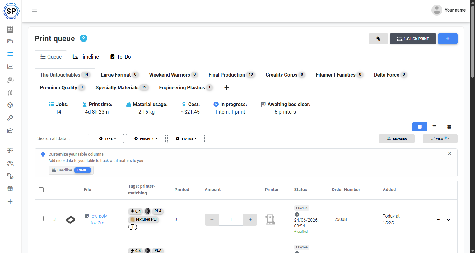 The redesigned print queue, with live stat cards, queue groups, a deadline column, and three view modes