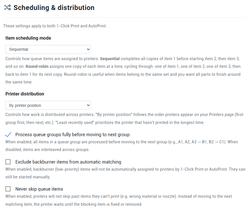 New scheduling and distribution settings: sequential vs round-robin, and spreading wear evenly across printers