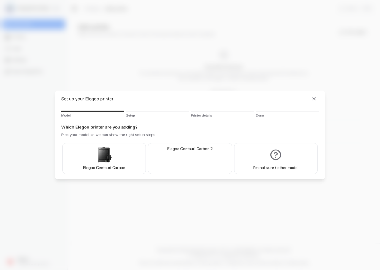 Setting up an Elegoo printer in the client, choosing between the Centauri Carbon and Centauri Carbon 2