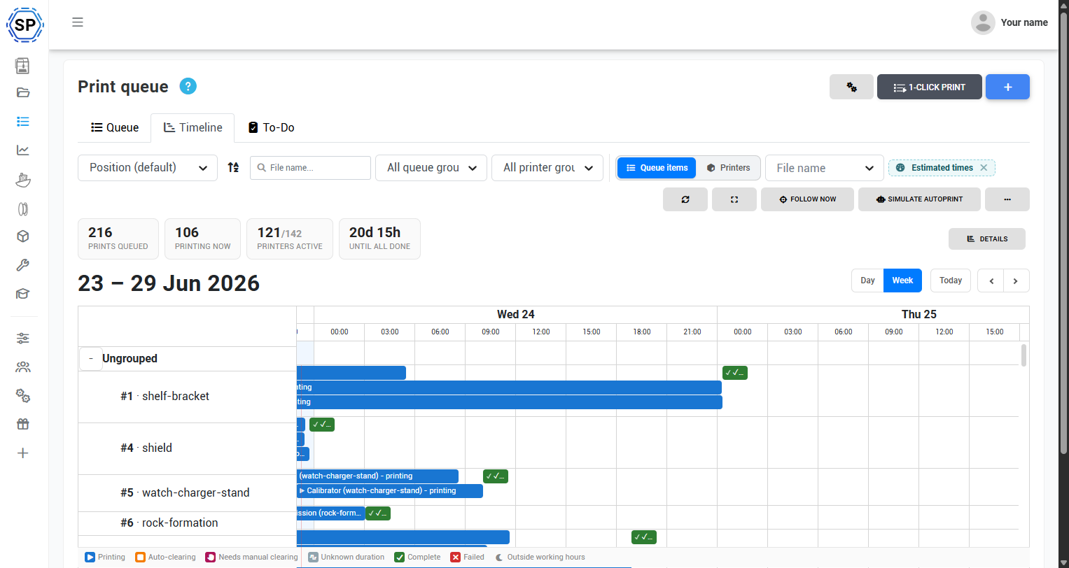 The new Timeline view: every queued and printing job across the farm, with an "until all done" estimate