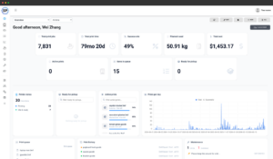 A SimplyPrint custom dashboard showing printer status, the queue and live statistics for a 3D print farm