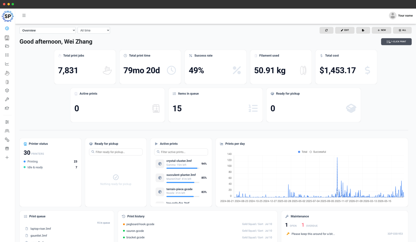 A SimplyPrint custom dashboard showing printer status, the queue and live statistics for a 3D print farm