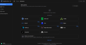 The SimplyPrint Client's Add printer screen, listing Anycubic, Bambu Lab, Creality, Dremel, Duet, Elegoo, Flashforge, Klipper (Moonraker), Prusa, Snapmaker and Ultimaker