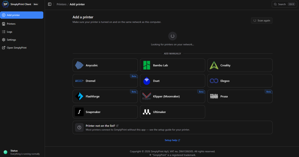 The SimplyPrint Client's Add printer screen, listing Anycubic, Bambu Lab, Creality, Dremel, Duet, Elegoo, Flashforge, Klipper (Moonraker), Prusa, Snapmaker and Ultimaker