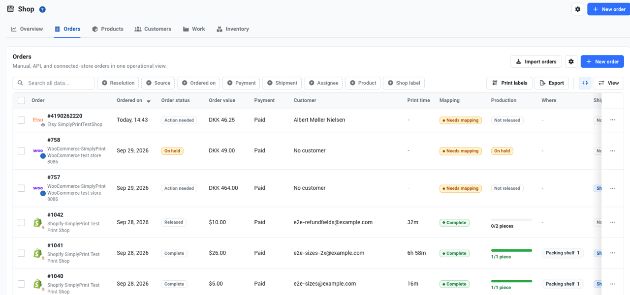 Orders from Shopify, WooCommerce and Etsy in one view in the Shop